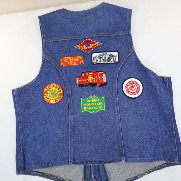 Vintage Wrangler Western Denim Vest XL Railroad Train Patches and Pins - Picture 9 of 16